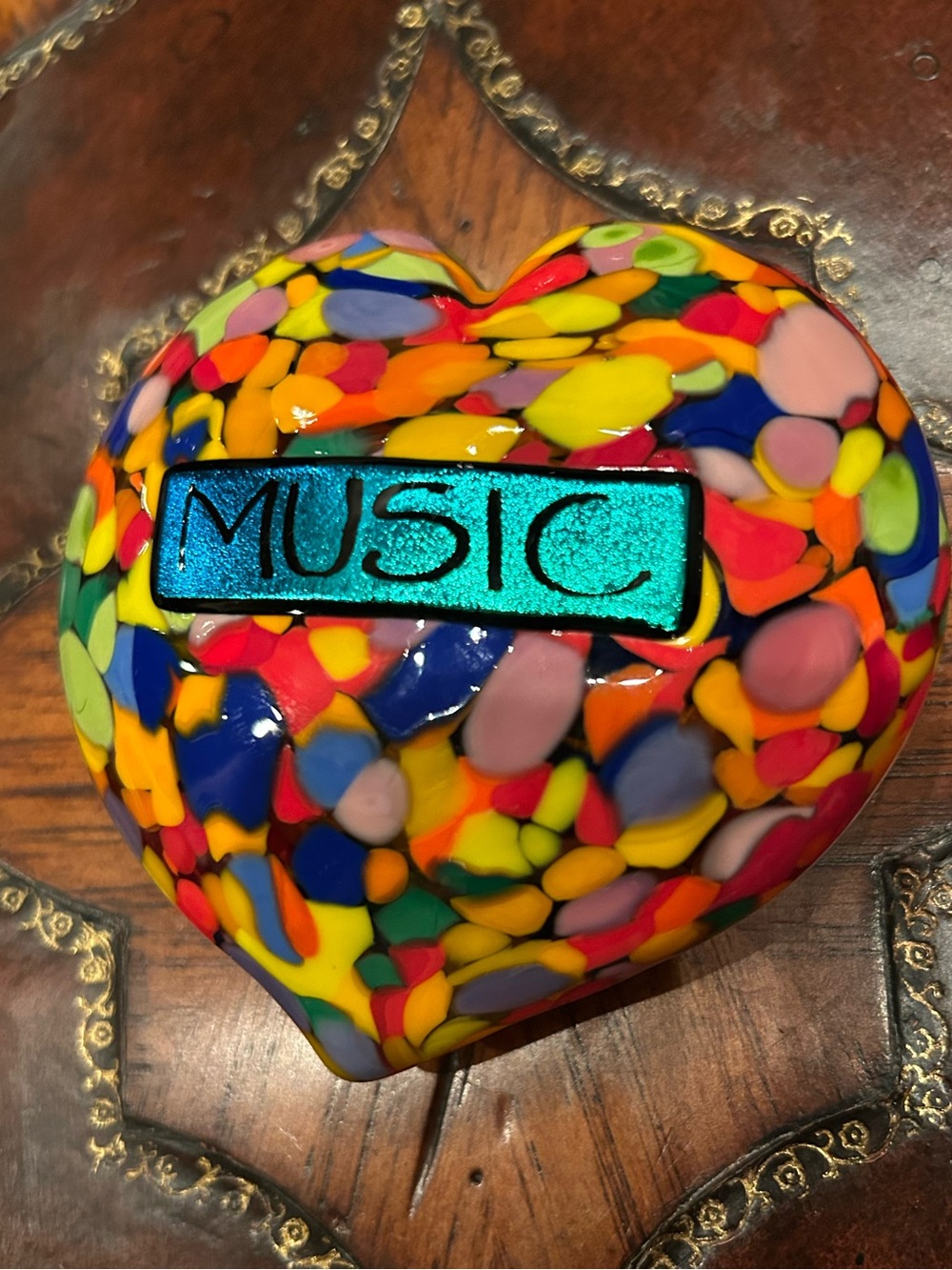 Millefiore Heart Glass Paperweight Custom Made by Mad Art Studios "Music"